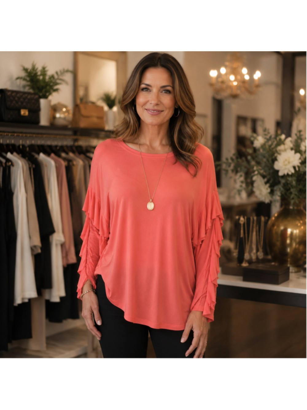 Women's Como Vintage Coral Ruffle Sleeve Blouse Size M